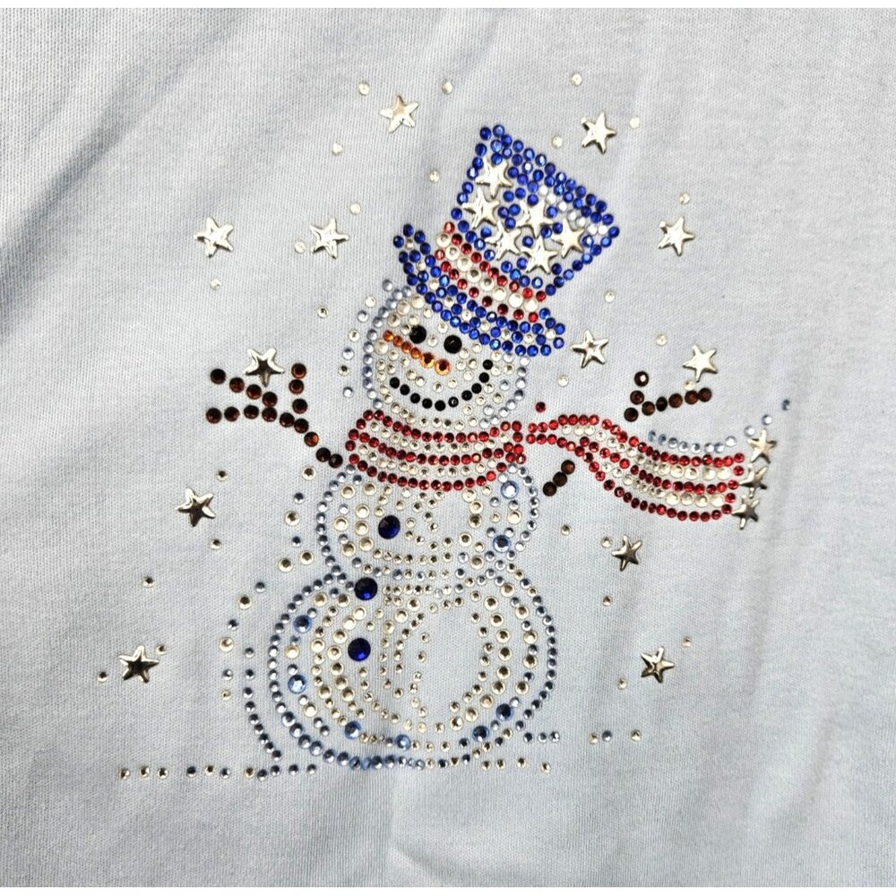 Quacker Factory Shirt Womens Large Light Blue Rhinestone Snowman Holiday Winter
